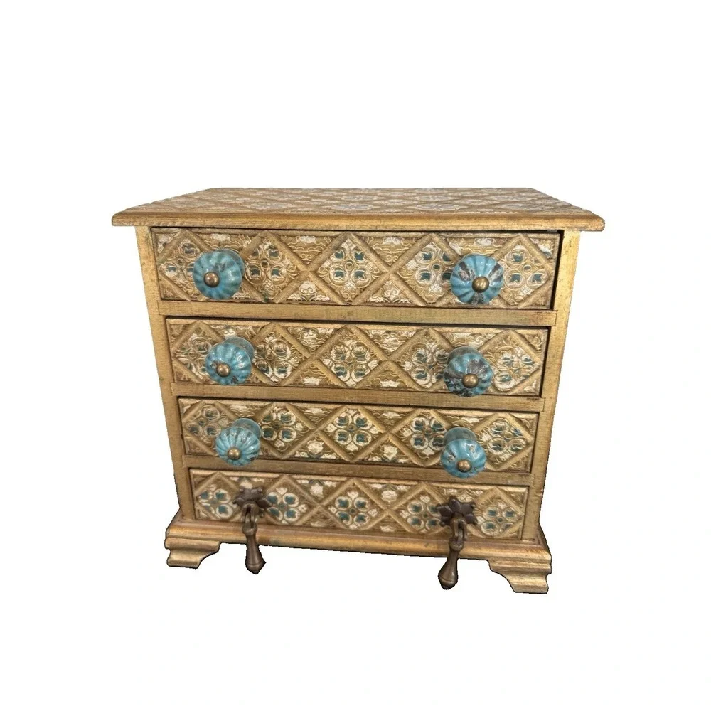 VTG Florentine Style Wooden Jewelry chest 4 Drawer Design Estate Ceramic Knobs
